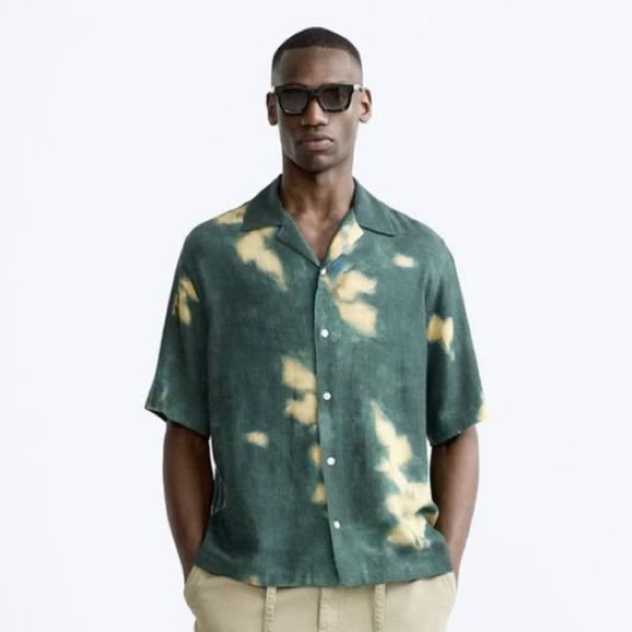 NWT Zara Mens Green Yellow Linen Blend Tie Die Button Down Shirt Size XL - Picture 1 of 8